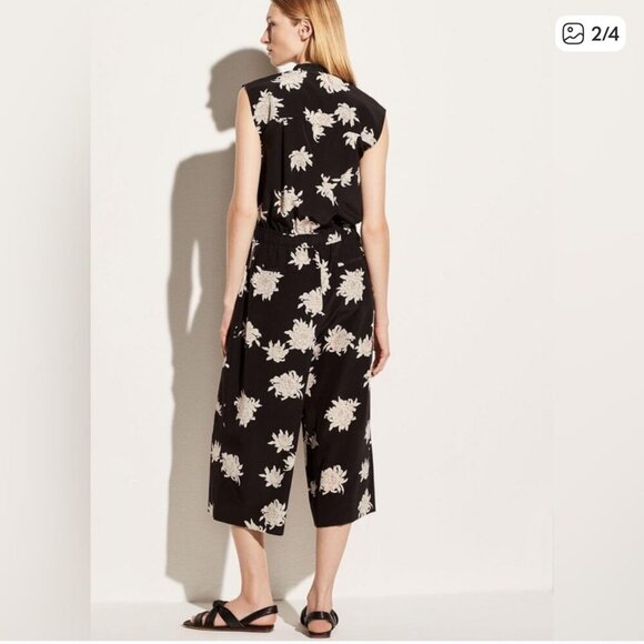 Vince 100% Silk Floral Sleeveless Black Cream Jumpsuit Midi Size M - Picture 4 of 16